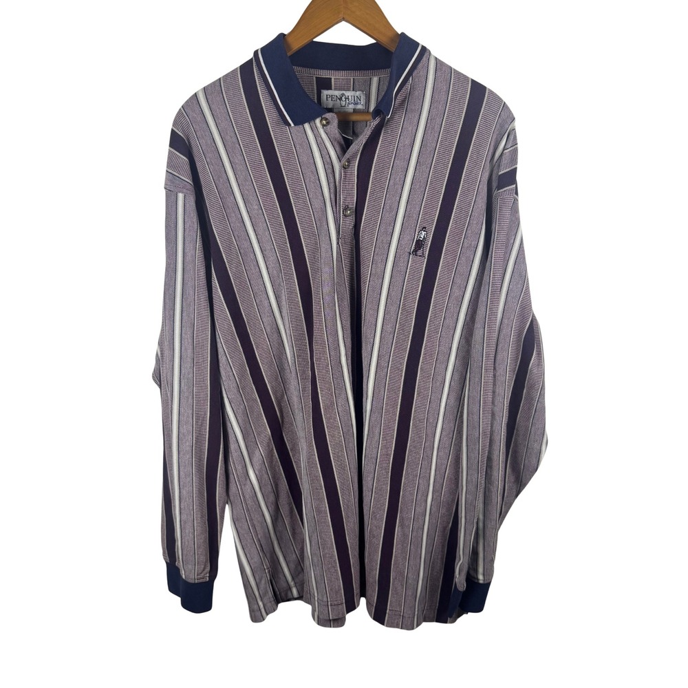 Penguin Sport Mens XL Long Sleeve Striped Polo Shirt Purple Navy Vertical Stripe